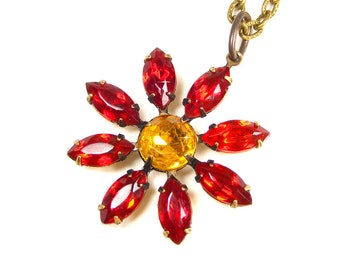 Scarlet Red Crystal Daisy Pendant, Limited Edition Victorian Flower Necklace, Blucha™ Vintage Style Jewellery, UK Handcrafted