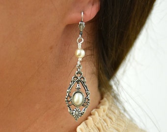 Victorian Style Faux Pearl Drop Earrings, Award Winning Arcadia by Blucha Collection, Handcrafted Vintage Crystal Jewellery