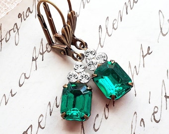 Petite Vintage Emerald Green Austrian Crystal Octagon Earrings, Classic Limited Edition Victorian Style Drops, Blucha™ Jewellery UK