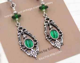 Emerald Green Drop Earrings, Vintage Austrian Crystals, Blucha™ UK Handmade Limited Edition Victorian Style Jewellery Gift