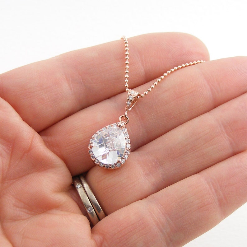 Crystal Bridal Necklace Rose Gold Crystal Teardrop Pendant Etsy UK