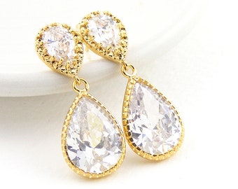 Yellow Gold Crystal Teardrop Earrings, Blucha™ Vintage Style Bridal Wedding & Special Occasions Jewellery, Bridesmaid Gifts, UK Handcrafted