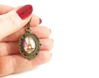 Victorian Style Eiffel Tower Necklace, Lilac Oval Glass Pendant, Antiqued Brass Chain, Letterbox Gifts, Blücha™ Jewellery Handmade in the UK