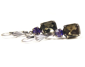 Petite Vintage Drop Earrings, Handmade Vintage Style Jewellery, Black Diamond & Cardinal Purple Austrian Crystal