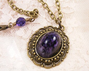 Deep Purple Vintage Cabochon Necklace, Purple Velvet Austrian Crystals, Handmade Vintage Style Jewellery