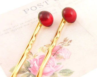 Red Vintage Austrian Crystal Hairpins, Gold Plated Clips Grips Bobby Pins, Set of Two, Bridal Wedding Hair Accessories, Blucha™ Jewellery