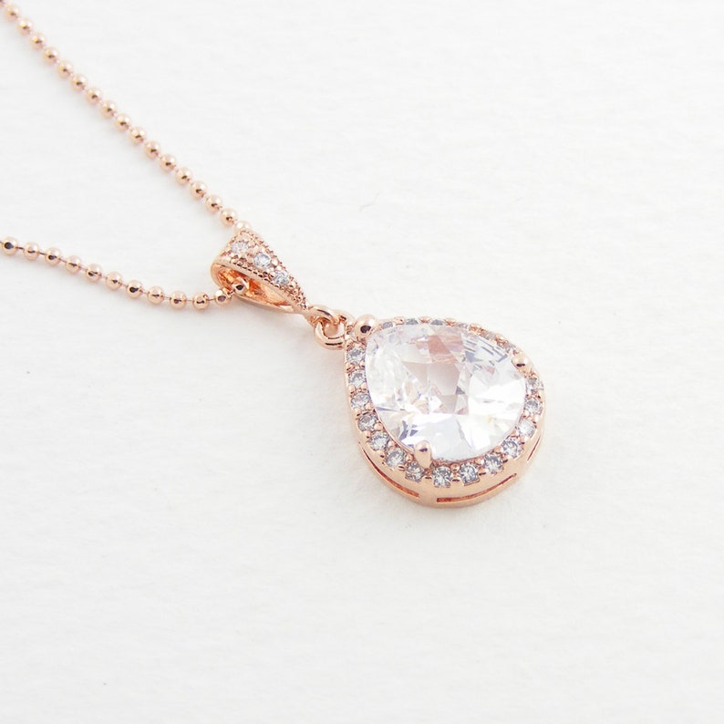 Crystal Bridal Necklace Rose Gold Crystal Teardrop Pendant Etsy UK