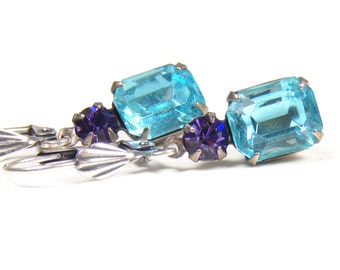 Petite Art Deco Style Earrings, Vintage Aqua Blue & Purple Crystal Earrings, Something Old Something Blue, Blucha™ Jewellery UK Handmade