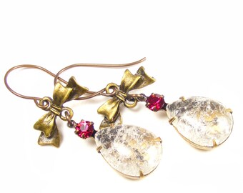 Vintage Crackle Glass Drop Earrings, Handmade Vintage Style Jewellery, Crystal Statement Earrings