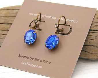 Vintage Sapphire Blue Crystal Drop Earrings, Petite Antiqued Brass Leverbacks, Letterbox Gifts, UK Handmade Blücha™ Jewellery by Erika Price