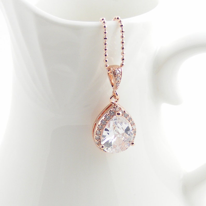 Crystal Bridal Necklace Rose Gold Crystal Teardrop Pendant Etsy UK
