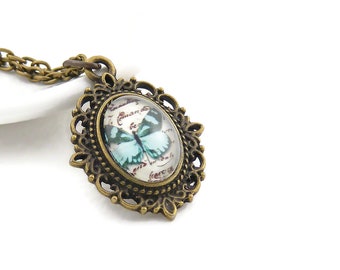 Victorian Style Butterfly Necklace, Aqua Oval Cabochon Pendant, Antiqued Brass Chain, Letterbox Gifts, Blücha™ Jewellery, Handmade in the UK