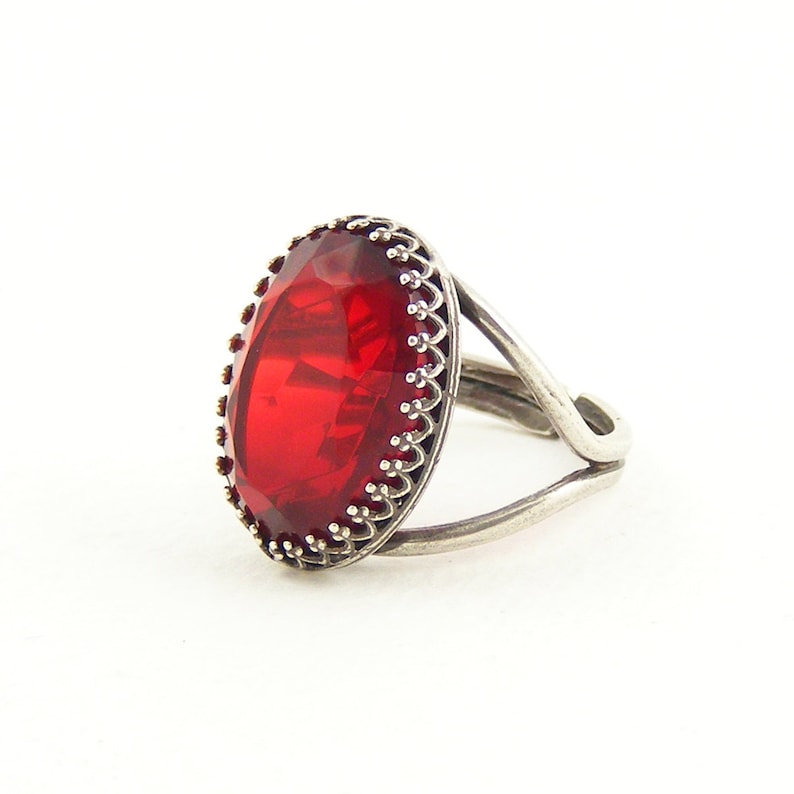 Red Cocktail Ring, Scarlet Vintage Crystal, Adjustable Ring, Handcrafted Vintage Style Jewellery image 1