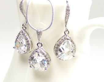 Victorian Crystal Bridal Teardrop Pendant & Earrings Set, Blucha™ Vintage Style Silver Wedding Jewellery, Bridesmaid Gifts, UK Handcrafted