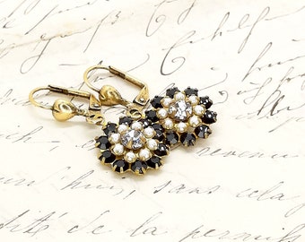 Vintage Rhinestone Earrings, White Pearls, Jet Black & Clear Crystal Drops, Gold Plated Charms, Blücha Jewellery by Erika Price, UK Handmade