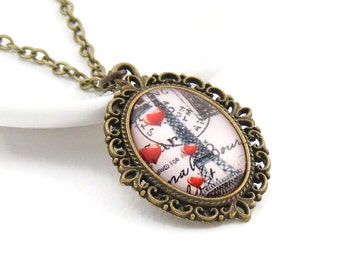 Eiffel Tower Paris Necklace, Blucha™ Vintage Style Jewellery, French Victorian Oval Pendant Black White Red Valentine Hearts