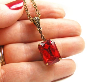 Art Deco Style Red Crystal Necklace, Vintage Austrian Crystal, Handmade Vintage Style Jewellery