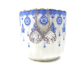 Clear Crystal Teardrop Bridal Earrings, Vintage Style UK Wedding Jewellery by Blucha, Special Occasion Silver Victorian Drop Earrings