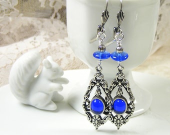 Deep Sapphire Blue Victorian Style Drop Earrings, Award Winning Arcadia by Blucha Collection, Handcrafted Vintage Crystal Jewellery