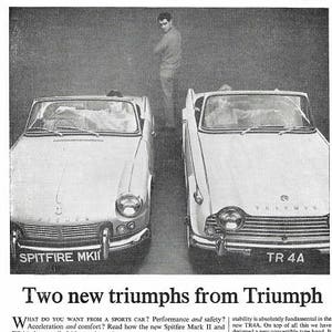 Triumph Spitfire and TR4 Car Print 1965, Original Advertising Wall Art