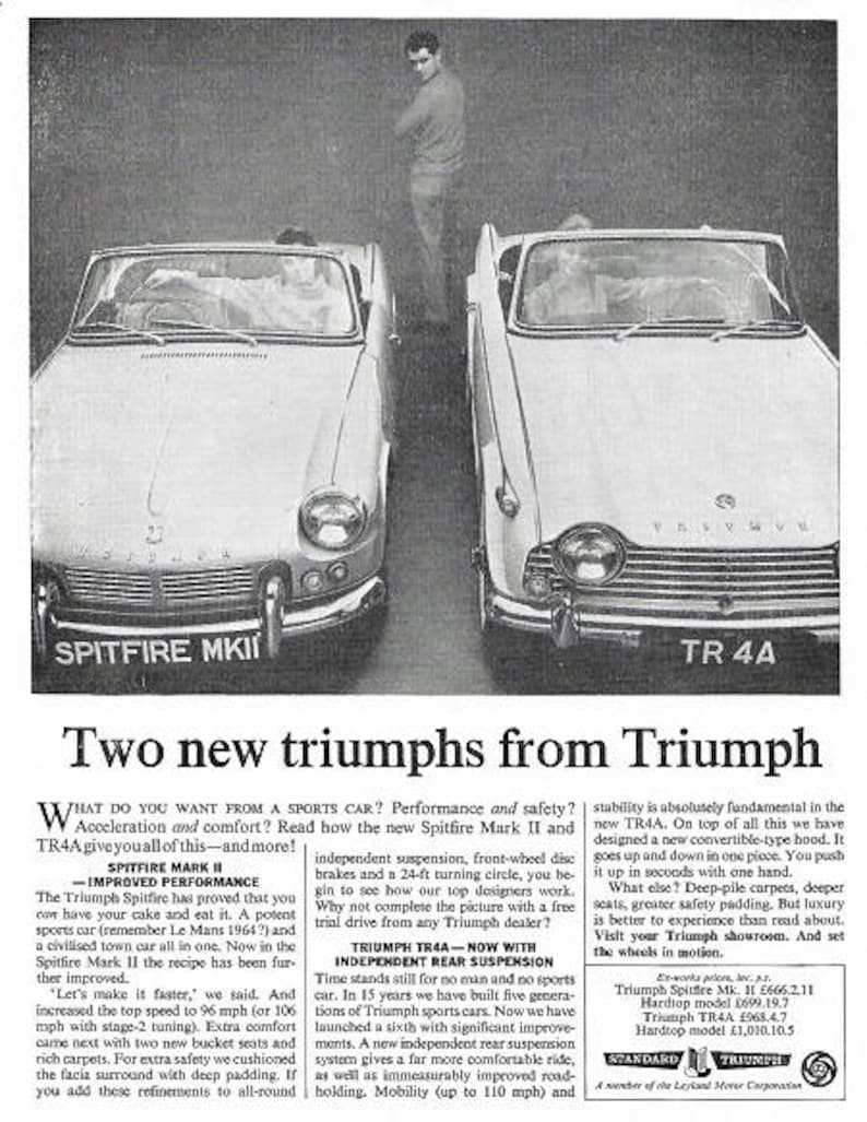 Triumph Spitfire and TR4 Car Print 1965, Original Advertising Wall Art image 1