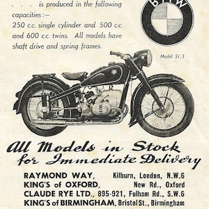 Impresión de motocicleta BMW de 1951, arte mural publicitario original