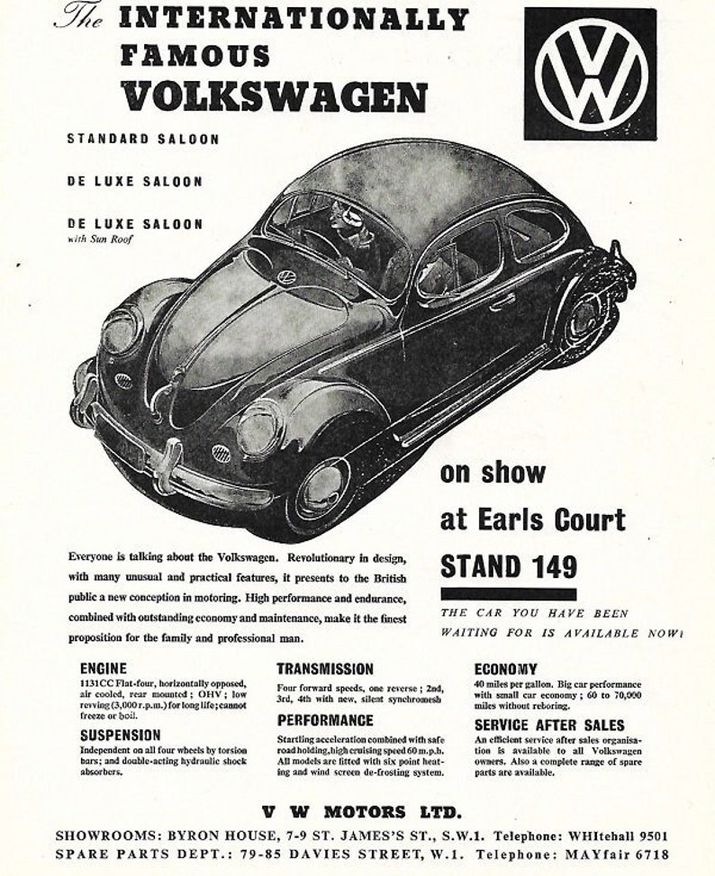 VW Beetle Car Print 1953, Original Advertising Wall Art image 1