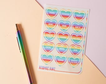 Pegatinas de carreras de drag: Corazones de conversación arcoíris - Sellos de sobre hechos a mano