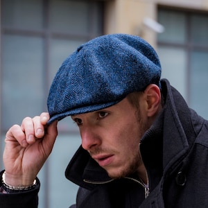 PEAKY Harris Tweed 8-Panel Schiebermütze Gatsby Newsboy Mütze Vintage Baker Boy Herren Woll Flatcap Retro Britischer Stil Blau - Schwarz