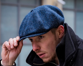 PEAKY Gorra Harris Tweed Newsboy 8 Panel Boina Gatsby Estilo Peaky Blinders Baker Boy Sombrero Lana Hombre Vintage Retro Elegante AZUL-nEGRO