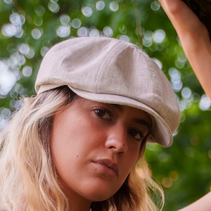 ROWDY Linen Newsboy Cap Beige 8-Panel Gatsby Baker Boy Hat Summer Breathable Flat Cap Ivy Cap Linen Button Top - Ship from US