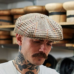 PEAKY Genuine Authentic Scottish Harris Tweed 8 Panel Newsboy Cap Traditional Apple Bandit Holigan Large Crown Golf Hat Gangster Wool BEIGE