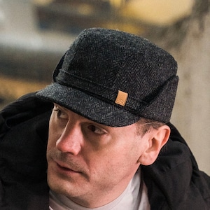 SAWYER Harris Tweed Wool Winter Mens Foldable Earflap Cap Cotton Breathable Quilted Lining Mountain Trooper Military Alpine Hat BLACK-GRAY