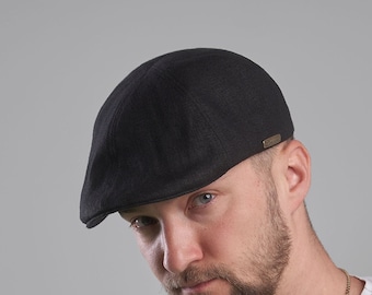 RUSTY Linen Flat Cap 6-Panel Duckbill Summer Ivy Cap Breathable Driving Hat Sun Hat BLACK
