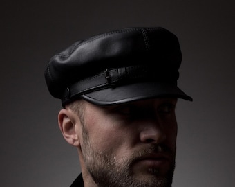 DANUBE MOD 8 Genuine Leather Traditional Polish Peaked Cap Fiddler Breton Irish Newsboy Greek Fisherman Captains Sailor Skipper BLACK