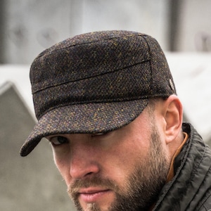 PATROL Harris Tweed Wool Patrol Cap Jockey Hat Military Hunting Baseball Cap Adjustable Leather Strap Outdoor Sports Snapback BLACK-YELLOW