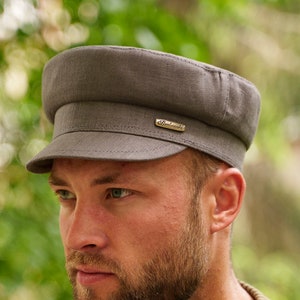 FIDDLER Linen Greek Fisherman Peaked Cap Jewish Airy Lightweight Sailor Boatman Mariner Barge Urban Summer Cab Milkman Sun Hat GRAY