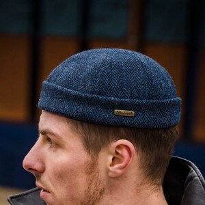 DOCKER Harris Tweed Beanie Cap Pure Scottish Wool Leon Stevedore Hat Sailor Trawler Military Winter Skull Dock Worker Classic BLUE - BLACK