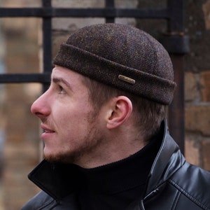 DOCKER Harris Tweed Thief Beanie Cap Pure Scottish Wool Leon Style Stevedore Hat Sailor Trawler Military Winter Skull Dock Hat BLACK-YELLOW