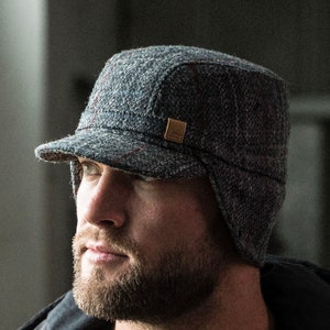 SAWYER Harris Tweed Wool Winter Mens Foldable Earflap Cap Cotton Breathable Quilted Lining Mountain Trooper Military Alpine Hat GRAY-RED
