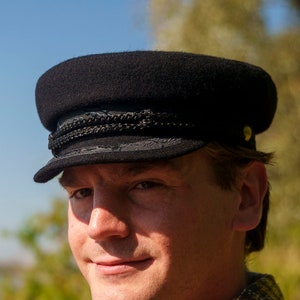 SKIPPER Wool Traditional Marine Breton Cap Merchant Fleet Sailor Mariner Captains Dragger Maritime Seafarer Boatswain Yachtsman Hat BLACK