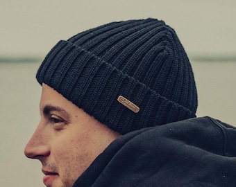 NORFOLK Extra Fine Merino Wool Beanie Soft Ribbed Knit Hat Warm Docker Cap Classic Streetwear Winter Bonnet Urban Adventure Stylish BLACK