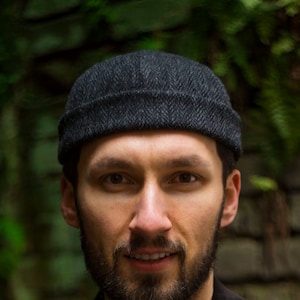 DOCKER Harris Tweed Beanie Cap Pure Scottish Wool Leon Stevedore Hat Sailor Trawler Military Winter Skull Dock Worker Classic BLACK - GRAY