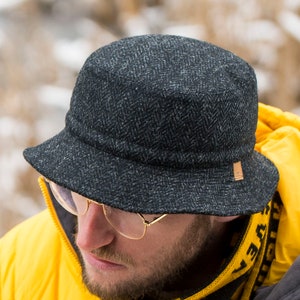 GLEN Harris Tweed Bucket Wool Hat Warm Quilted Lining Boonie Fisherman Plain Militar Camp Tourist Outdoor Hiking Travel ANTHRACITE