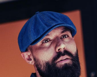 SHELBY Denim Newsboy Cap 8-Panel Gatsby Baker Boy Workwear Urban Birmingham Stil MITTELBLAU