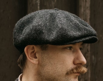 Gorra Estilo Peaky de Harris Tweed (100% lana) | Gorra Vintage Newsboy 8 Paneles | Sombrero de Lana con Gran Corona | Negro-Gris