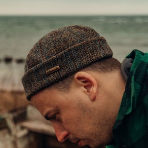DOCKER Harris Tweed Beanie Cap Pure Scottish Wool Sailor Hat Stevedore Dock Worker Military Fisherman Ribbed Knit Winter Classic BROWN -BLUE