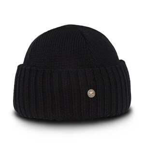 ORSO Fischer Mütze Extra Feine Merino Wolle Warm Winter Strickmütze Côtelé Docker Cap Outdoor Abenteuer Vintage Handgefertigt SCHWARZ Bild 1