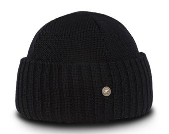 ORSO Extra Fine Merino Wool Beanie Soft Ribbed Knit Hat Winter Docker Cap Outdoor Fisherman Bonnet Classic Vintage Adventure Style BLACK