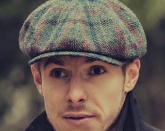 SHELBY Harris Tweed 8 Panel Newsboy Cap Baker Boy Hat Wool Gatsby Flat Cap Mens Vintage Gangster Classic Heritage Style Handmade GRAY-BLUE